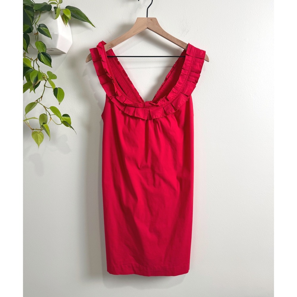 Fei Anthropologie Red Ruffle V-Neck Shift Dress Pockets 8 Twee Artsy Boho Y2K